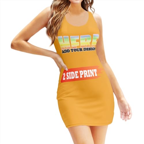 Custom Tight Dress for Women Personalized Dress with Logo Text Photo Custom Tank Dress Print Scoop Neck Sleeveless Sexy Dress Orange X-Small