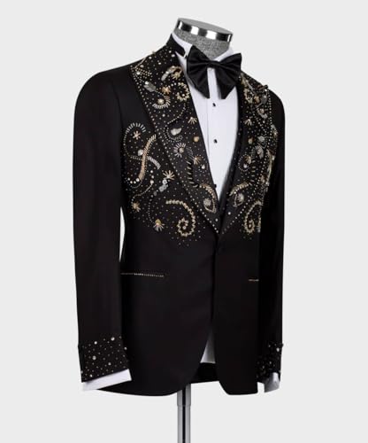 Luxury Men's Tuxedo Handmade Gold Beads Formal One Button Blazers Black Slim Prom Jacket for Wedding，Party，Dinner2