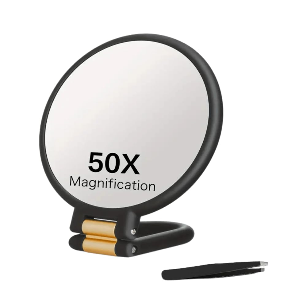 Aundhegrtt 50X Magnifying Makeup Mirros with Handheld and Tweezers Set Travel Magnified Makeup Mirror Eyebrow Grooming & Skincare B