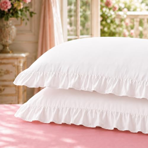 Bedsure White Ruffle Pillow Cases Pillow Shams Standard Size Set of 2 Double Brushed Microfiber Distressed Vintage Ruffled Pillow Covers with Envelope Closure Wrinkle Fade Resistant 20 x 26