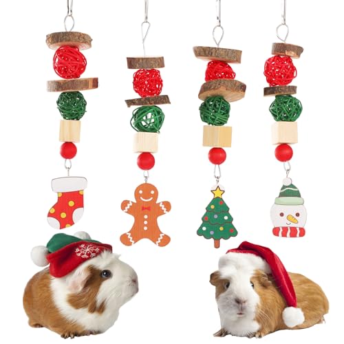 LUCKITTY 4 Packs Christmas Small Animals Toys Treats for Teeth Grinding- Gingerbread Christmas Tree Socks Snow Man Cage Hanging Accessories for Guinea Pig Bunny Rabbit Cane Hamster Chinchilla