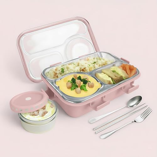 Image of Sanghariyat Lunch Box 3 Compartment Out Side-Leak-Proof BPA Free Stainless Steel, Lunch Box for Girls, Lunch Box for School with a Fork, a Spoon and a Pair of Chopsticks 750 ml (Pink)
