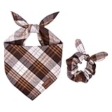 Thanksgiving Dog Bandana & Matching Scrunchie Set Plaid Triangle Pet Scarf for Small, Medium, and Large Dogs Cute Owner Puppy Cats Matching Accessories Gift (Large)