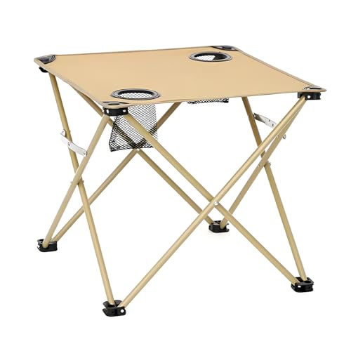 Zimuney Portable Folding Camping Table with 2 Cup Holders - Heavy Duty Waterproof Oxford Fabric, Compact Collapsible Design for Outdoor Picnic, Beach, Hiking Khaki