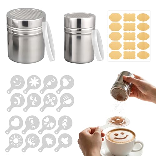 2 Stück Kakaostreuer Edelstahl Puderzuckerstreuer mit Frischhaltedeckel und 16 Teile Cappuccino Schablonen 10 Crayful-Aufkleber Mehlstreuer Kakaostreuer für Cappuccino Mehlsieb