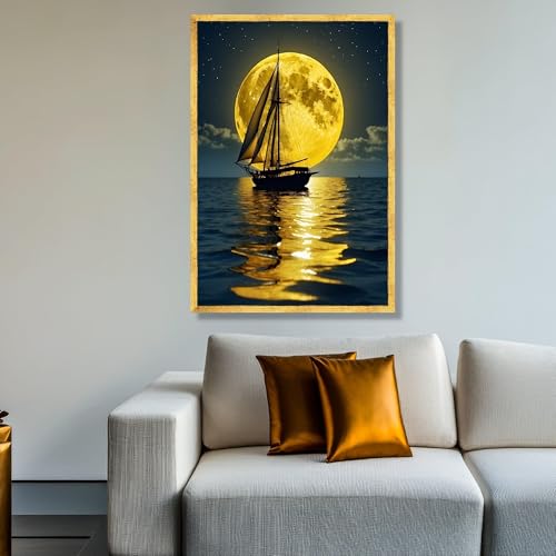 Décoration murale sur toile océan voilier au clair de lune 40x60cm
