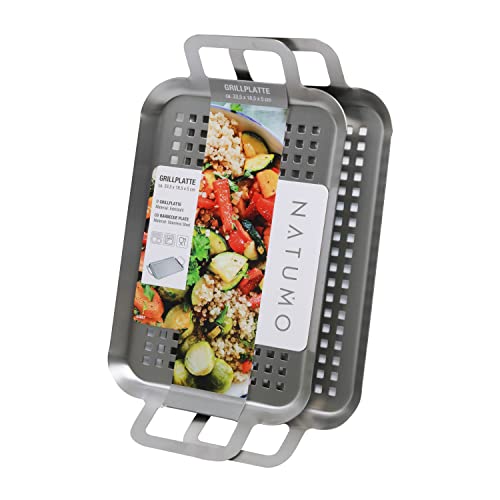 NATUMO Bandeja para Parrilla de Acero Inoxidable, 30 x 20 x 2 cm, Cuenco para Barbacoa, Carne, Verduras, Pescado, Accesorio de Barbacoa Inoxidable (2) Cover
