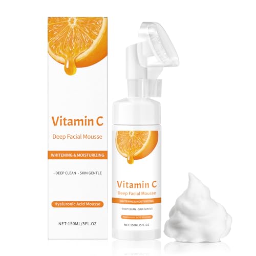 Vitamin C Foaming Face Cleanser, Vitamin C Brightening Foam Face Wash, Foaming Facial Cleanser with Brush, Deep Cleansing & Moisturizing, Reduces Fine Lines & Wrinkles, Exfoliates the Skin