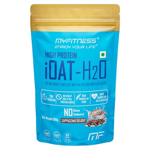 Image of Myfitness High Protein iOat H2O | Added Micellar Casein Protein | Instant Ready To Mix Beta Glucan Rich Flavoured Oats Powder | High Protein Oats Breakfast Cereals (500g (Pack Of 1), Cappuccino Delight)