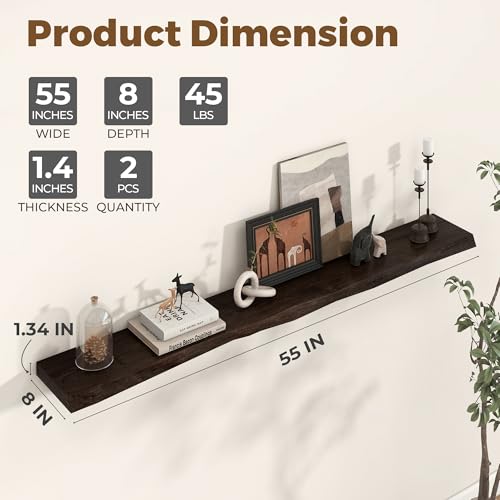 Image of 56 inch Floating Shelves for Wall Live Edge, Walnut | 8 inch Deep Wall Shelf, Invisible Bracket, Large Long Wall Mounted Shelves, Living Room, Bedroom, Kitchen, Bathroom