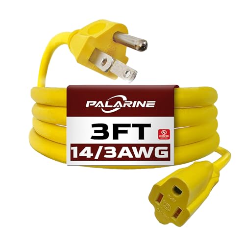 Image of PALARINE 3ft Yellow Extension Cord Waterproof, UL Listed, 14/3 SJTW Heavy Duty 3 Prong, 14 Gauge 15A Power Cord Ideal for Lights, Appliances, and Lawn
