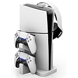 NBCP PS5 Slim Vertical Stand with Charging Dock,Charges Two DualSense Controllers Simultaneously,Includes Headset Holder,Integrated Cooling and Storage Accessory Stand for PS5 Slim Disc & Digital