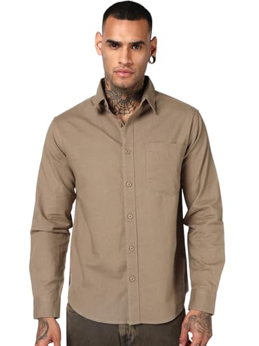 Image of Bewakoof Mens Solid Regular Fit Full Sleeve Collar Cotton Linen Blend Shirt
