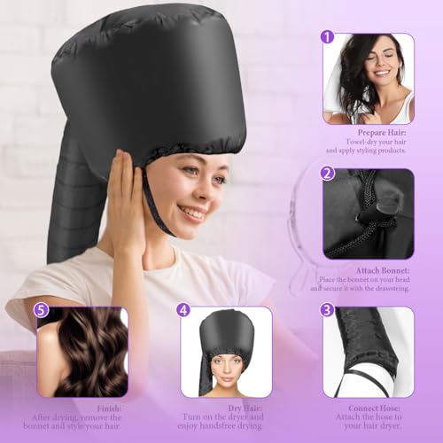 Hooded Hair Dryer Bonnet – Adjustable Attachment for Soft, Adjustable Hood for Speedy Drying, Styling, and Deep Conditioning, Travel-Friendly and Lightweight（Black） - Thumbnail 3