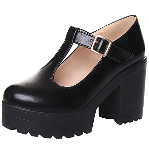 Parisuit Women's Mary Jane Goth Platform Pumps Chunky High Heels T Strap Dress Shoes