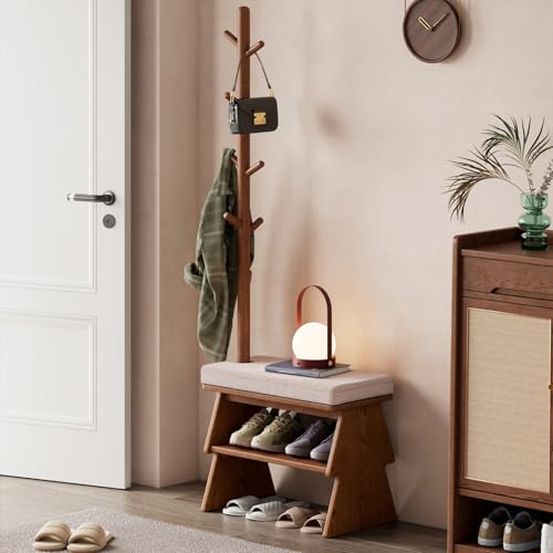 MRMRMNR Estante para Zapatos con Banco y Perchero Burro en Madera Maciza, Estante Doble Nivel para Calzado, Diseño de Árbol para Colgar Ropa, para Entrada, Dormitorio y Sala - Color Nogal