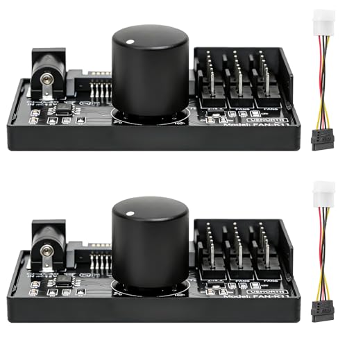 2 unidades PWM regulador de velocidad del ventilador 12 V: 4 pines, controlador de ventilador PWM con cable adaptador de ventilador para PC con alimentación a través de SATA y DC 5525, botón de
