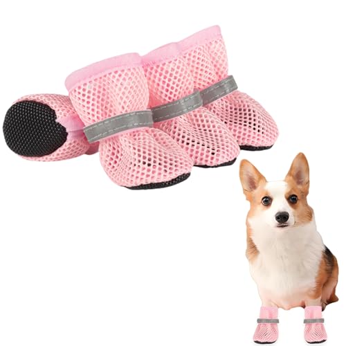 Sommer Mesh Hunde Schuhe, 4 Stück Atmungsaktive Pfotenschutz Hundeschuhe Anti-Rutsch Hundeschuhe für heiße Sommerböden, Sommer Verstellbarem Hundestiefel fürkleine Hunde (Rosa, XL)