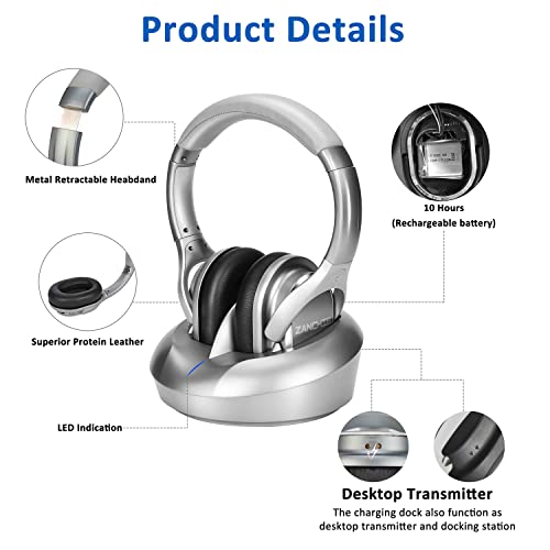 Wireless Headphones for TV with RF Transmitter & Charging Dock, Over-Ear Headsets for Seniors, No Audio Delay, 330ft Wireless Range, Support Digital Optical/RCA/AUX(Silver) by ZANCHIE - Image 7