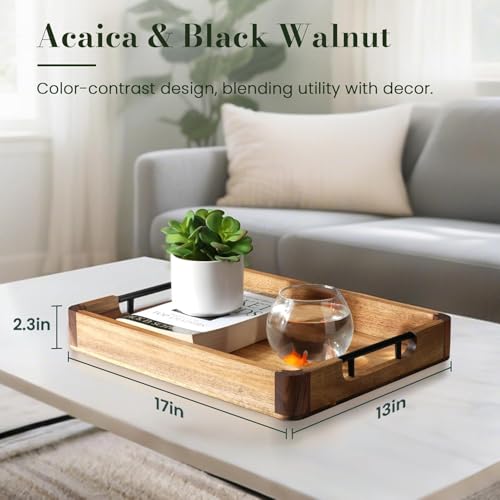 Image of Wooden Serving Tray for Home and Kitchen | Acacia Wood Large Rectangular Tray with Handles for Resturant, Cafe, Breakfast, Multipurpose Organzier | (Food Safe Oil Finish) (Manna)