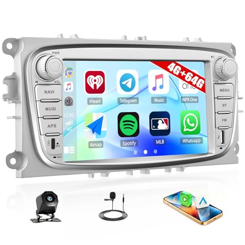 SIXWIN 4+64G Android 15 Autoradio pour Ford Focus II Galaxy II Mondeo 9 S-Max C-Max avec CarPlay/Android Auto/MirrorLink, Écran 7" Tactile avec WiFi/GPS/Bluetooth 5.0/FM/RDS/32-Band EQ/SWC(Argent)