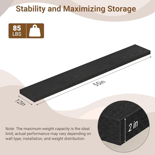 Image of 55 Inch Floating Shelves, 12 Inch Deep Floating Shelves for Wall, Extra Deeper & Thicker Wooden Wall Shelf with Invisible Brackets, Shelf for Bedroom Living Room Home Decor（Black, Set of 2）