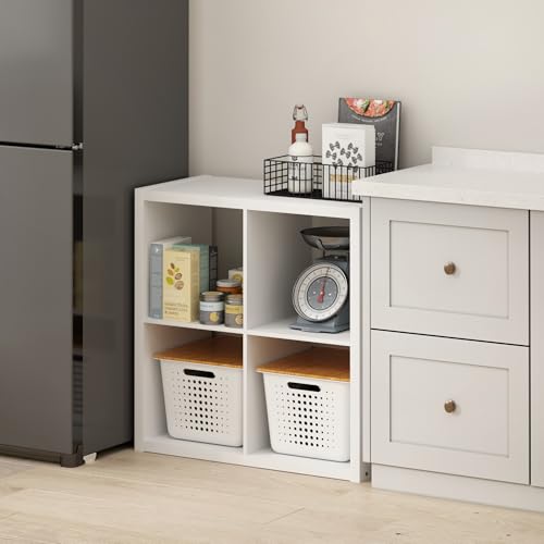 Image of Furinno Hermite 4-Cube White Coffee Bar, Kitchen Island, Kitchen Storage, Bakers Rack, for Pantry Organizers and Storage, Kitchen Organization, Plain White