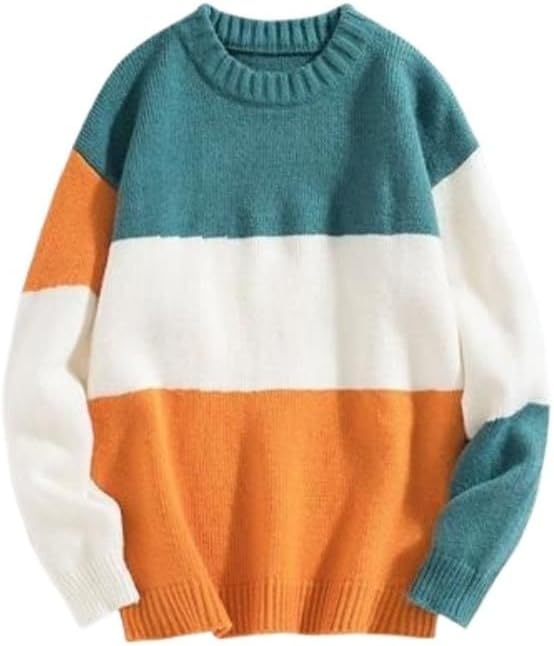 Men's Winter Color Blocking Knitted Round Neck Sweater Casual Oversized Loose Sweaters Gray