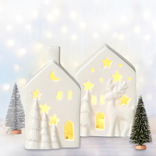 TZQFROCE Weihnachtsdorf mit Beleuchtung 2er Set mit 2 Weihnachtsbäume...