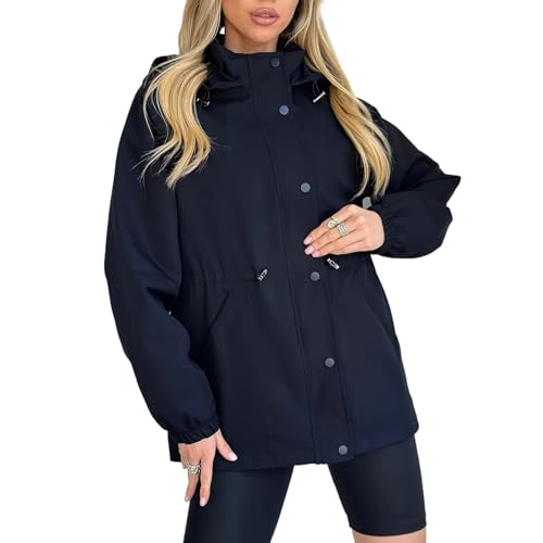 Chubasquero con capucha para mujer, chaqueta cortavientos ligera para viajes, exteriores, otoño, resistente al agua, para viajes al aire libre, Azul oscuro, L