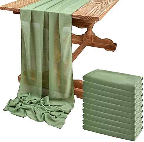DOLOPL 10PCS Sage Green Chiffon Table Runner 10ft Wedding Table Runner,29x120 Gauze Table Runner,Rustic Sheer Table Decor for Romantic Bridal Shower, Baby Shower, Birthday Party Cake Table