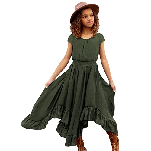EnJoCho Beach Midi Dress for Girls Swing Dress Irregular Rockabilly Vintage Solid Dresses Retro Short (Army Green, 9-10 Years)