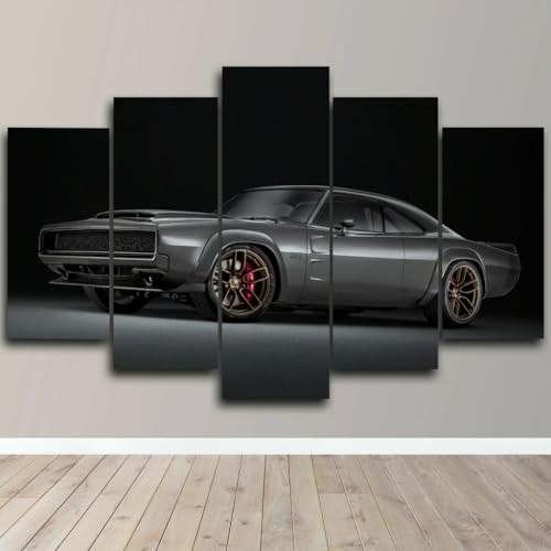 Tableau retro muscle car noir en 5 parties UCVJXDEM pour salon