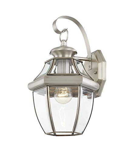Livex Lighting 2151-91 Monterey 1 Light Outdoor Brushed Nickel Finish Solid Brass Wall Lantern With Clear Beveled Glass 13" X 8.5" X 8.25" #TOP4