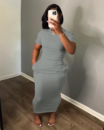 Image of Women's Casual Short Sleeve Dress T Shirt Bodycon Dresses Ribbed V Neck Maxi Sundress Basic Party Club Dress with Pocket