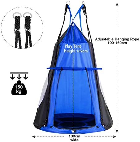 PULUOMIS Nest Swing, 100cm Kids Tree Swing with Detachable Play Tent, Indoor Outdoor Swing for Children, Height Adjustable Rope Tree Straps Included, Blue