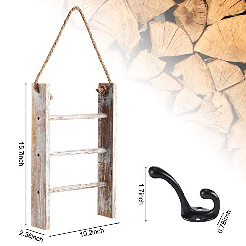 Patelai 3-Tier Mini Wall-Hanging Hand Towel Ladder with Rope Decorative Wooden Bathroom Towel Rack Ladder and Hook for Farmhouse Room Decor (Wood Color, White)