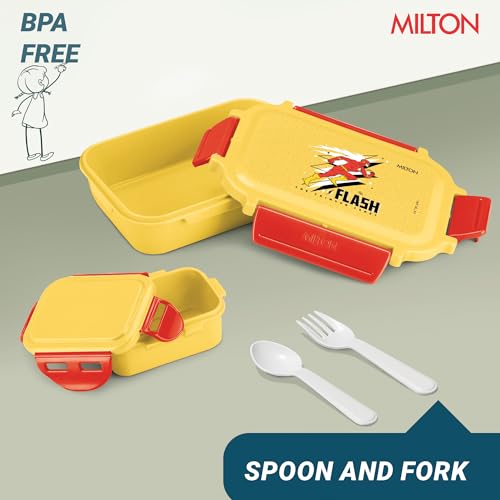 Image of MILTON Sherry Tiffin (DC) Lunch Box for Kids Boys & Girls with Leak-Proof Inner Container| Food Grade,BPA Free,Compact & Durable Snacks Box for Kids I Plastic Spoon & Fork, 520 ml, Yellow