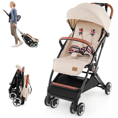 HONEY JOY Travel Stroller, One-Hand Quick Fold Lightweight Umbrella Stroller for Airplane, Wrist Wrap & Net, Multi-Position Recline, Overhead Friendly Compact Stroller for Newborn and Toddler(Beige)