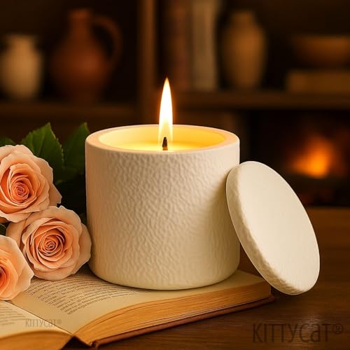 Image of Kitty Cat Long Burn Scented Soy Wax Candle | Hand-Poured in Textured Matte Concreate Jar with Lid | Minimal Aesthetic Home Decor & Gift for Bedroom, Office & Spa | Premium Aroma Candle