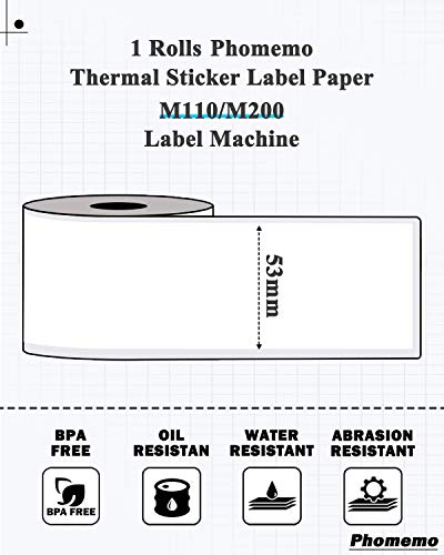 Phomemo Thermal Labels, Continuous (53Mm X 8M) Square White Labels,Waterproof, Oil-Proof And Scratch-Proof Suitable For M200 Bluetooth Label Maker Machine. Address, Barcodes, Photo (2 Rolls) #TOP1