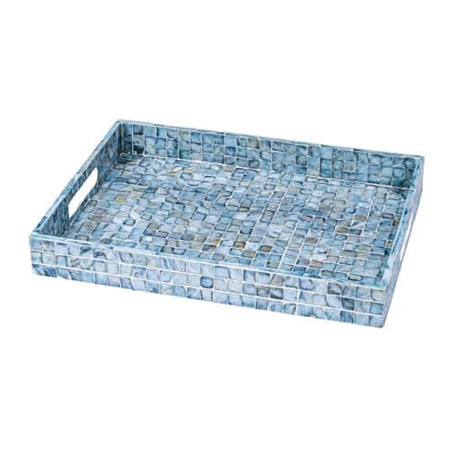 PEMAR Rectangular Mother of Pearl Serving Tray Nacre Wood Lap Ottoman Tray for Coffee Table, Luxury Decorative Handmade Eating Platters w Insert Handles (Blue)