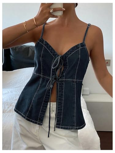 Women's Tie Front Denim Tops Y2K Sleeveless Jean Shirt Split Summer Camisole Top2
