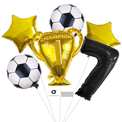 6 pcs Soccer 7th Birthday Party Balloons Set - Black 32inch Number 7 balloon Championship Trophy Star Football Balloons for Kids 7th Birthday Baby Shower anniversary Soccer Theme Party Decorations