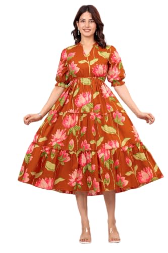 Image of Dress for Women | One Piece for Women | Long Stylish Women Dress Fit & Flare Maxi Dress, Cotton Summer Calf Length Dress
