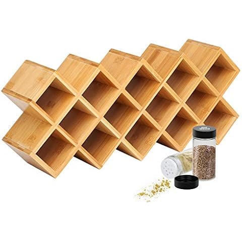 4-Tier Bamboo Countertop Spice Rack Organiser, 18-Jar Criss-Cross Kitchen Cabinet Countertop Storage Organizer Shelf, Fit for Round and Square Spice Bottle, Free Standing for Counter Cabinet or Drawer Cover