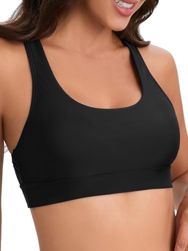 Women Racerback Sports Swim Bra High Neck Bikini Tops Black Workout Bathing Suit Padded Tops Only
