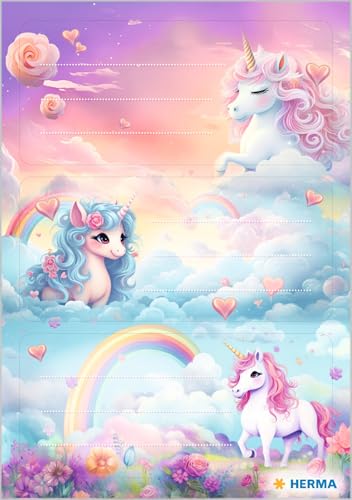HERMA Buchetiketten zum Beschriften Einhorn, Tier Namensaufkleber Kinder mit Unicorn Motiv, selbstklebende Beschriftungsetiketten Namensschilder für Schule Buch Heft Schulheft Wasserflasche