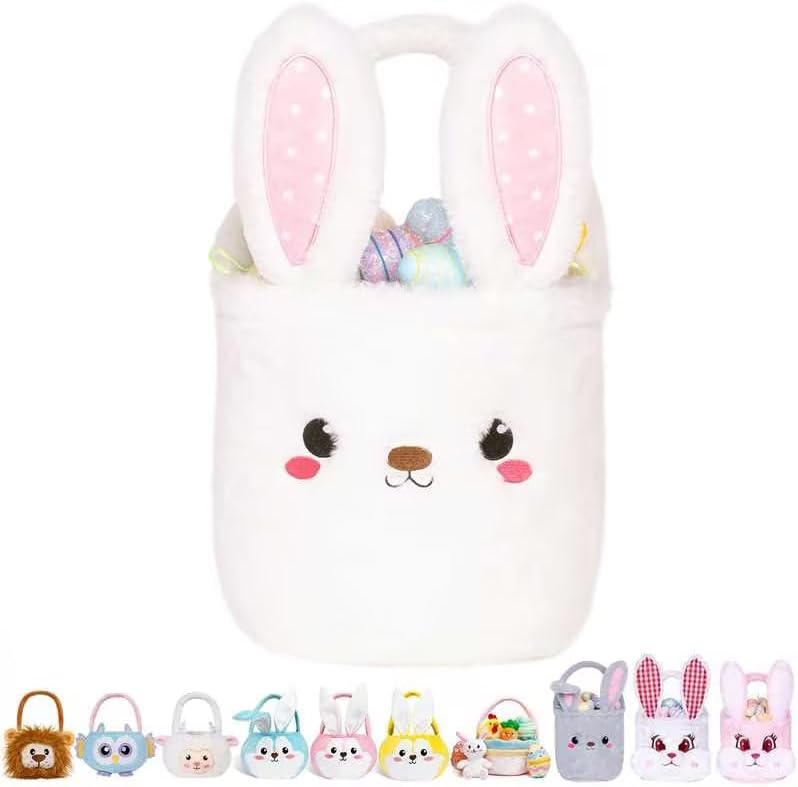 Cesta de Pascua de conejo para niños, bonito cubo vacío de felpa con orejas plegables y asa para caza de huevos, cesta de dulces para niños, niñas,