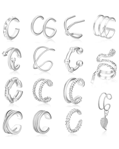 FUGLUS 15 Pcs Pendientes para mujer,Ear Cuff Pendientes Sin Agujero Mujer Plata Pendientes Clip Mujer Sin Agujero Ajustables Pendientes Falsos Sin Piercing Oreja Clip Cartílago Pendientes